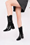 Women's Black Snake Pattern Patent Leather Heeled Boots 6.5 cm Thick Heel Stylish and Modern Daily Design - 4