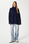 Women's Wonder Soft Mock Neck Navy Blue Slit Oversized Knitwear Sweater - 3