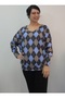 Blue Black Latte Plaid Pattern V-Neck Batwing Sleeve Winter Knitwear T-Shirt - 5