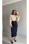 Belted High Waist Front Slit Midi Length Denim Skirt - 2