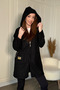 Plush Hooded Zippered Below Knee Soft Black Cardigan - 2