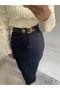 Belted High Waist Front Slit Midi Length Denim Skirt - 3
