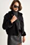 Women's Black Collar and Sleeve Plush Detailed Bell-Bottom Pocket Cashmere Coat - Zippered, Stylish Winter Jacket 2751 - 3
