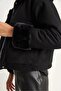 Women's Black Collar and Sleeve Plush Detailed Bell-Bottom Pocket Cashmere Coat - Zippered, Stylish Winter Jacket 2751 - 4