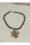 Women's Gold Color Clover Model Steel Necklace with Leopard Pattern Fabric - 8