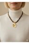 Women's Gold Color Clover Model Steel Necklace with Leopard Pattern Fabric - 3