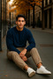 Men's Casual Basic Navy Blue Loose Sweater - 3