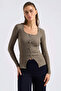 Women's Khaki U Neck Button Detailed Front Slit Soft Textured Blouse Arm-26K001038