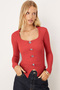 Women's Pomegranate Flower U-Neck Button Detailed Front Slit Soft Textured Blouse Arm-26K001038