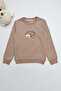 Teddy Bear Embroidered Crew Neck Girls' Sweatshirt