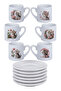 Cute Kitten and Flower Printed 6-Piece Porcelain White Turkish Coffee Cup Set