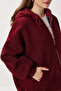Oversized Hooded Contrast Plush Coat Lfg0172 Bordo - 5