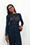Navy Blue Boat Neck Cashmere Transparent Blouse - 202517 - 4