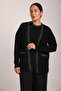 Women's Black Glitter Collar Buttoned Comfortable Cut Pocketed Knitwear Cardigan - 2