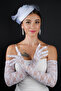 Tulle Pearl Detailed Bridal Wedding Cap Accessory and Long Lace Gloves Set - 5