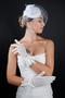 Pearl Tulle Detailed Bridal Cap Accessory and Bowknot Stone Wedding Gloves Set - 4