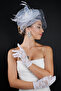Elegant Feathered Tulle Wedding Cap Hat and Lace Embroidered White Bridal Gloves Wedding Accessory - 5