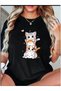 Unisex Oversized Cats B Printed Crew Neck Short Sleeve Black T-Shirt