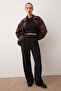 Siyah Cırt Cırt Kapamalı Yüksek Bel Pileli Wide Leg/Geniş Kesim Örme Pantolon TWOAW24PL00177 - 5