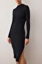 Black Body-Hugging Slit Crew Neck Midi Ribbed Stretchy Knitted Pencil Dress TWOAW21EL0135 - 3