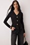 Siyah V Yaka Düğmeli Peplum/Bele Oturan Esnek Örme Bluz TWOAW26AU00118