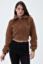 Women's Plush Short Comfort Long Sleeve Crop Fleece Brown Coat