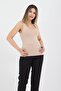 Women's Beige Thick Strap Pool Neck Jersey Tank Top Blouse