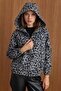 Hooded Buy Elasticated Oversized Leopard Patterned Short Coat Gray 3162-L - 5