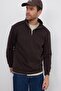 Unisex Relax Fit Comfortable Cut Cotton Fleece Lined Half Zipper Brown Stand Collar Sweatshirt
