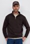 Unisex Relax Fit Comfortable Cut Cotton Fleece Lined Half Zipper Brown Stand Collar Sweatshirt - 5