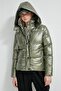 Hooded Puffy Khaki Women's Coat - 4