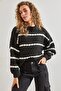 Women's Striped Balloon Sleeve Honeycomb Knitted Sweater