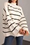 Women's White Oversize Striped Half Turtleneck Knitwear Sweater, Striped Sweater - 4