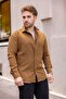 Men's Loose Fit Patterned Caramel Linen Shirt - 2