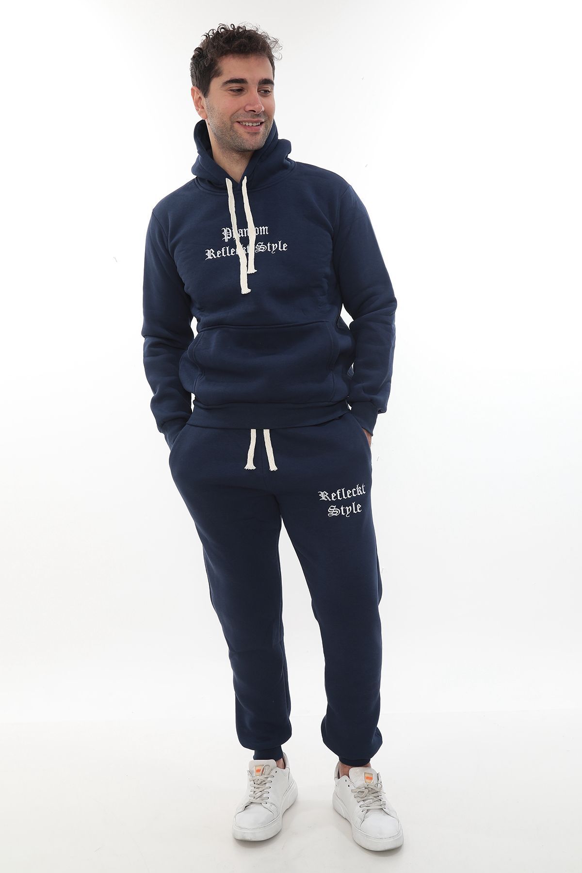 Men's Light Navy Blue Hooded Kangaroo Pocket Fleece-Lined 3 Thread Winter Fleece Lined Tracksuit Set