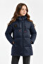 Girl's Navy Blue Fiber Hooded Windproof Inflatable Winter Jacket - 4