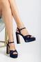 Women's Navy Blue Satin Platform Heeled Shoes - 3