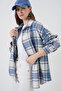 Women's Plaid Pattern Oversized Lumberjack Shirt 3854 Baby Blue - 4