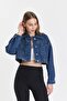 Women's Jeans Rhinestone Short Basic Crop Blue Denim Jacket - 4
