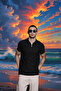 Men's Short Sleeve Zippered Black Polo Neck T-Shirt - 6