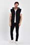Comfortable Pattern Text Printed Hooded Denim Buttoned Denim Vest Black - 3