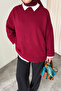 Women's Crew Neck Oversized Knitwear Tunic Sweater Claret Red - 4