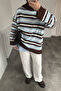 Women's Crew Neck Oversized Knitwear Tunic Sweater Blue Brown Striped - 5