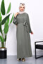 Khaki Sleeve Embroidered Raglan Sleeve Basic Modal Belted Dress - 2