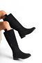 Black Suede Women's Boots Riding Below the Knee Zippered Non-Slip Sole Thick Heeled Horsey - 6