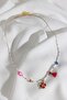 White Necklace with Clover Pendant and Pink Stars