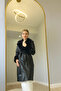 Modiva Leather Coat Suitable for Hijab with Fur on the Sleeves and Collar, Buttoned and Lace-Up - 7