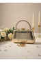 Gold Crinkled Patent Leather Pearl Detailed Evening Bag with Stone Handle Night Wedding Portfolio - 5