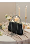 Black Crinkled Patent Leather Pearl Detailed Evening Bag with Stone Handle Evening Wedding Portfolio - 5