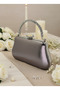 Platinum Wrinkled Patent Leather Pearl Detailed Stone Handle Evening Bag Night Wedding Portfolio - 5